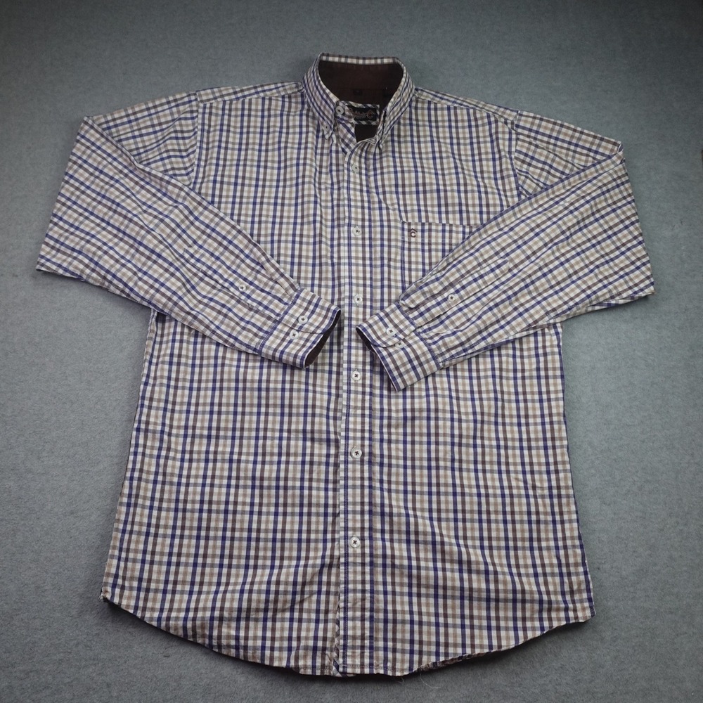 Rafter C Shirt Mens Medium Blue Brown Check Button Down Western Cowboy